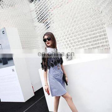 2017 Summer Stripe Dress Office Formal Collar Neck Blue White Stripe Cape Sleeve Lace Twill Patch Work Midi Dress Instock photo-3