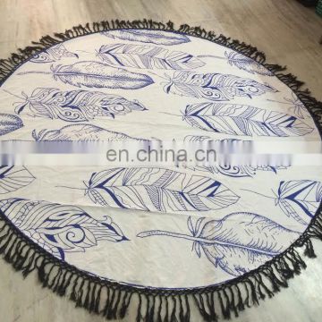 72" Indian Mandala Hippie Blue Feather Beach Throw Round Roundie Tapestries Hippy Boho Gypsy Round Beach Throw Yoga Mat Tassel