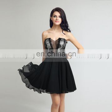 New Arrival Sexy See Through Sweetheart Sleeveless Short Black Chiffon Lace Cocktail Party Dress