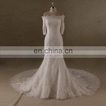 Noble Off Shoulder 3/4 Long Sleeve Lace Wedding Dress Chapel Train