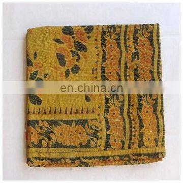 Quilt Handmade Reversible Kantha Vintage Bedspread Gudari Quilt Yellow Free Ship