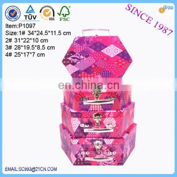 Hexagon purple paper cardboard suitcase toy doll gift box with handle