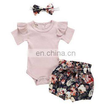 Pure Color Summer Sets Pit Striped Short-sleeved Shirt Waist Protection Denim Shorts Three-piece Baby Girl Suit