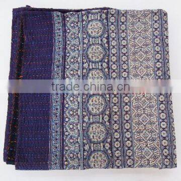 Indigo Kantha Quilt Queen Size Kantha Throw Blanket Kantha Bedspread Patchwork quilt Queen Kantha Blanket Indian Sari Quilt