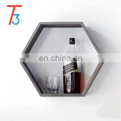 Home decoration items wooden hexagon cube wall shelf