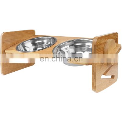 Adjustable Bamboo Raised Pet Bowl Elevated Dog Cat Food and Water Bowls Stand Feeder Poultry Feeder with Stainless Steel Bowls