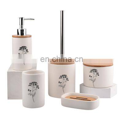 Elegant ceramic 5pcs bathroom set bamboo bathroom accessories sets