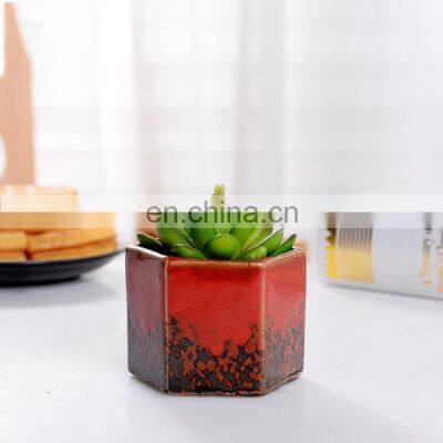 Wholesale Succulent Small Hexagonal Mini Ceramic Pot Kiln Flow Glaze Garden Pot