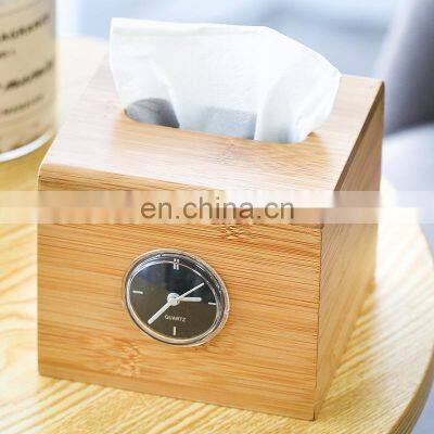 Custom wooden bamboo facial tissue paper packaging box holder luxury round hand clock set for man women grandfather custom