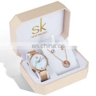 SHENGKE SK Hot Sale Watch Sets Lady Rose gold Plated Watches Jewelry Quartz Wristwatch Bracelet Watch Gift Box Set