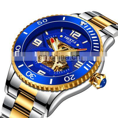 NIBOSI 2399 Hollow Dial 41Mm Waterproof Automatic Mechanical Watch for Men Gold