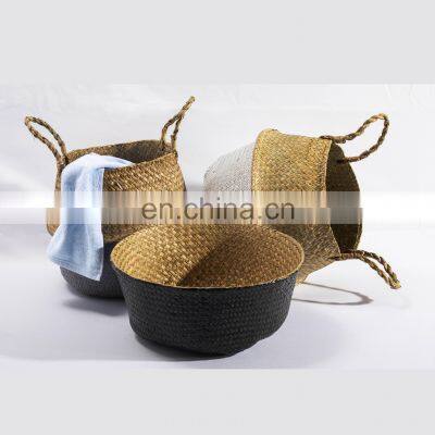 HBK Black Bicolor Handmade Handle Seagrass Belly Basket for Clothes and Toys photo-4