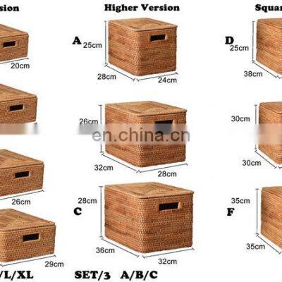 High Quality Rustic Woven Rattan Basket With Lid, Rattan Storage Basket Box, Laundry Basket Wholesale