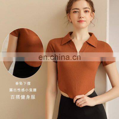 Yoga Suit New Sexy Female Summer Sports Tight Running Short Sleeve Cuff Show Thin Coat Lapels Quick-drying T-shirt photo-2