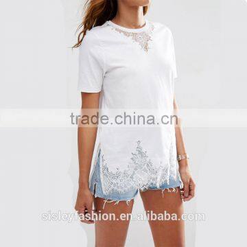 OEM service women high quality t shirt with lace 2016 summer ladies fashion clothing TS027