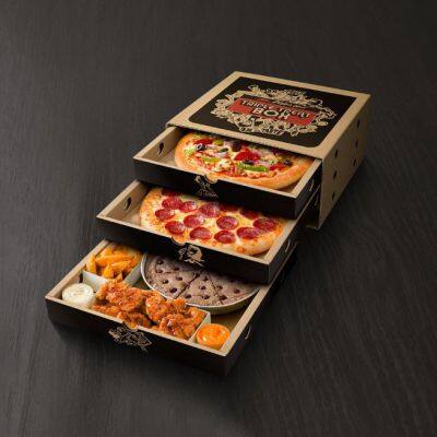 Customized Reusable Brown Corrugated Pizza Box Multi Layer Drawer Kraft Display Carton 24inch Food Pizza Box Packaging
