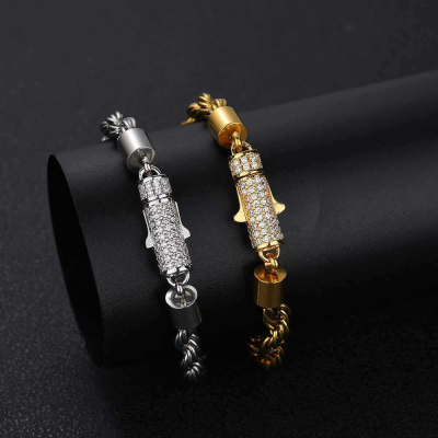 New Style 6mm Iced Out Clasp Rope Chain Stainless Steel 18K Gold Plated Twist Rope Chaain Bracelet Jewelry for Women