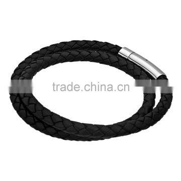 2016 New Design Silver-plated and Woven Black Leather Bracelet