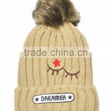 2015 Winter Latest DREAMER and Small Stars Embroidery Faux Fur Pom Pom Knitting Baby Kids Hat and Cap