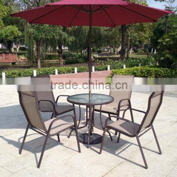 All Weather Proof Coffee Brown 5 piece Outdoor Garden Balcony Aluminum Sling Patio Furniture Round Glass Dining Table Chair Set