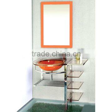 High Quality Tempered Glass Sink, Nacarat Color Glass with Stainless Steel Holder