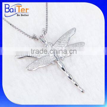 Hot White Gold CZ Paved 925 Sterling Silver Dragonfly Shaped Pendant Necklace