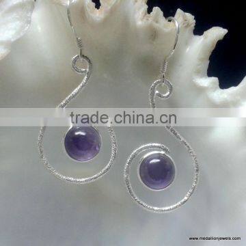 925 Sterling Silver Amethyst Cabochon Earrings, Fashionable Bezel Earrings, Designer Matt Finished Amethyst Earring