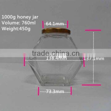 Wholesale 760ml honey hexagon glass jar hoding 1000g honey