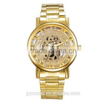 2016 Fashion Gold Stainless Steel Mens Watch Skeleton Hollow Quartz Casual Watch for Man China Factory Watch