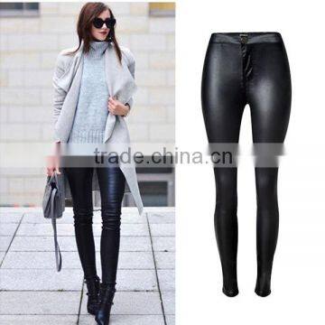 2016 Autumn Fashion Women Metal Button Zipper PU Coating Motorcycle Pants Ladies High Waist Skinny Black Sexy Leather Leggings