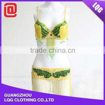 High quality handmade bling yellow green bra & butterfly hip belt beaded belly dance wear