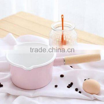 Kitchen Premium Porcelain Enameled Steel Collection 1.3L Milk Pan Pot with Wooden Handle - Retro Style Enamel Pan