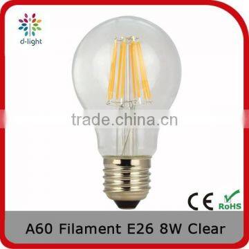 A60 filament 800lm 8w incandescent 60w E26 A shape transparent bulb lamp for north American market