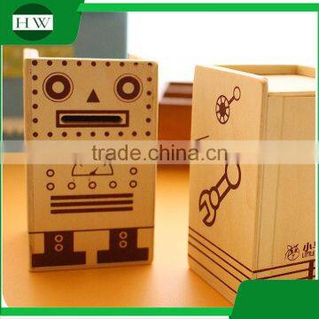 Multipurpose Wooden Cartoon Robot Piggy Bank Coin Penholder Storage Pen Container Case Box Holder photo-4
