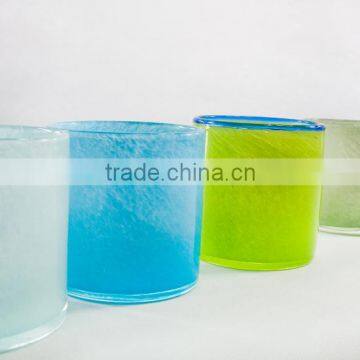 hand made glass cup glass candle cup blue colored design glass cup