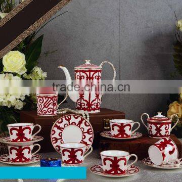 Chinese joyous red color wedding use bone porcelain tea set