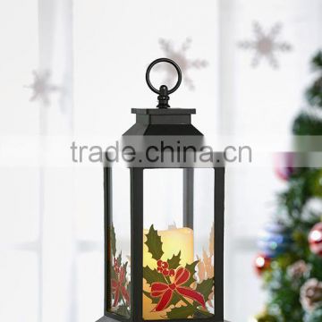 13" Black Plastic Christmas Lantern With LED Candle Installed