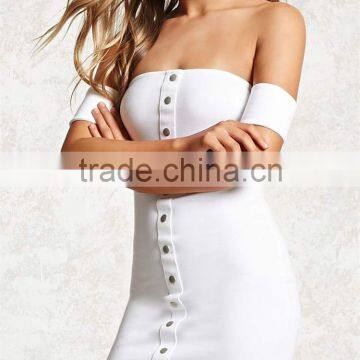 hot selling latest fashion White Off-The-Shoulder Neckline Faux Snap-Button Dress