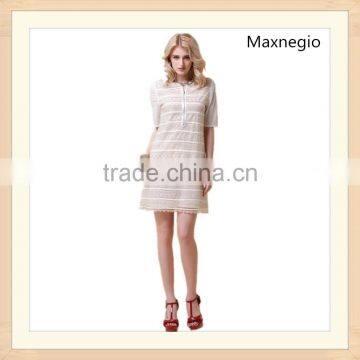 Embroidery Stripe Styles Ladies Elegant Short Sleeve Dresses photo-3