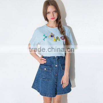 MGOO Imported Factory Manufacturer Fashion Denim Blue Buttons Skirts For Women A Line Knee Length 15144B699 photo-3