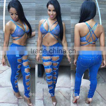 Women Brand Pants Ladies Casual Blue With Waist-length Ripped Distressed Female Jeans photo-2