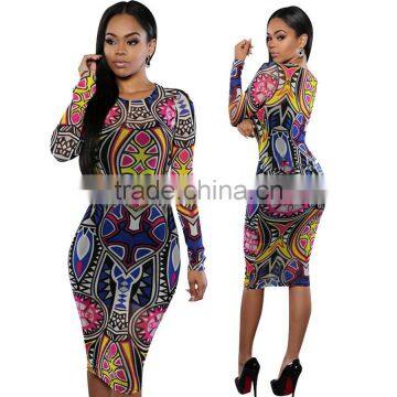 Walson F20328A African fashion women bodycon dress ethnic style printing long sleeve african dress for women