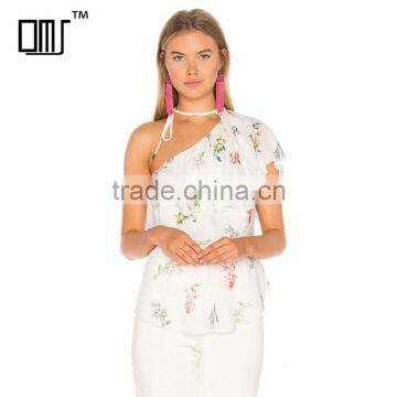 Choker design chiffon top floral one shoulder lady blouse