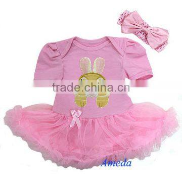 Baby Light Pink Bunny Rabbit Bodysuit Romper Pettiskirt Bow Headband 2pc 0-18M