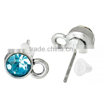 Earring Findings Ear Studs Round Silver Tone Skyblue Rhinestone Faceted With Loop Stoppers 10.5mm x 7.0mm