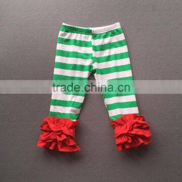 Wholesale boutique kids autumn clothes long pants with red ruffle green striped pattern children cotton leggings