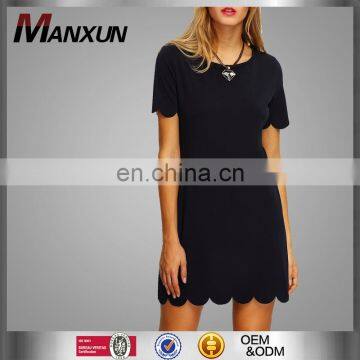 Sexy Plain Black Scalloped Hem Sexy Dress Round Neck Midi Casual Dress