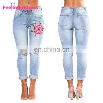 Wholesale Plus Size Top Design Embroidery Ripped High Waist Jeans Women