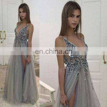 Sexy Gray Beaded Floor Length Deep V Neck Sequins Backelss Side Split Tulle Modern Prom Dress