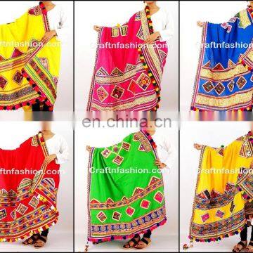 gujarati embroidery mirror work dupattas- Yellow Kutch Embroidered Cotton Dupatta- Traditional Lace work Dupatta